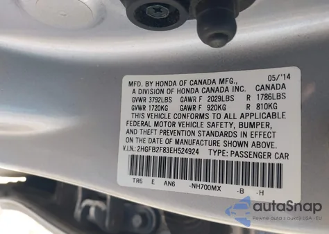 2014 Honda Civic Ex z USA, uszkodzony, nr VIN 2HGFB2F83EH524924